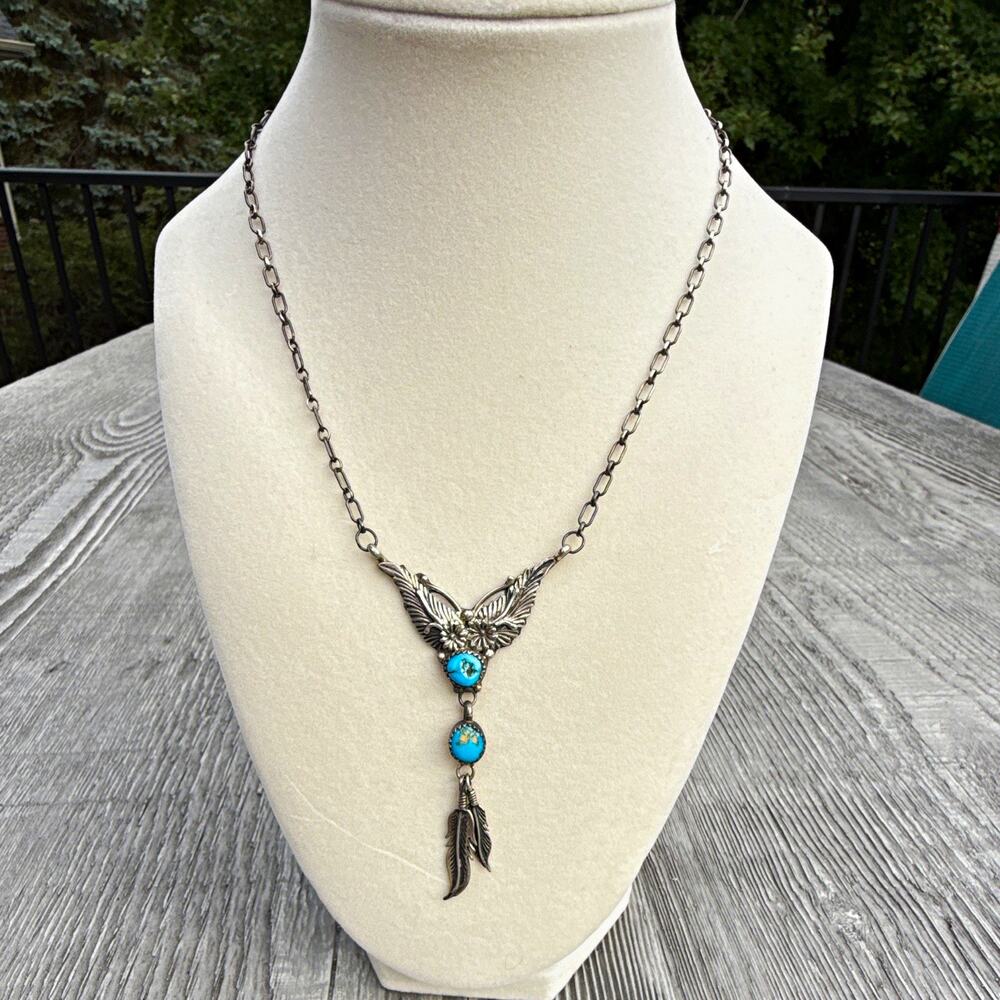 Native 925 Sterling Silver Turquoise Pendant Adjustable Chain Signed 18” (133)